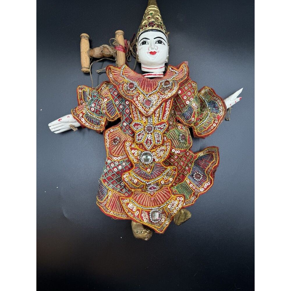 Vintage Thailand Asian Marionette Wooden Puppet Hand Painted 14” Ornate Nice!